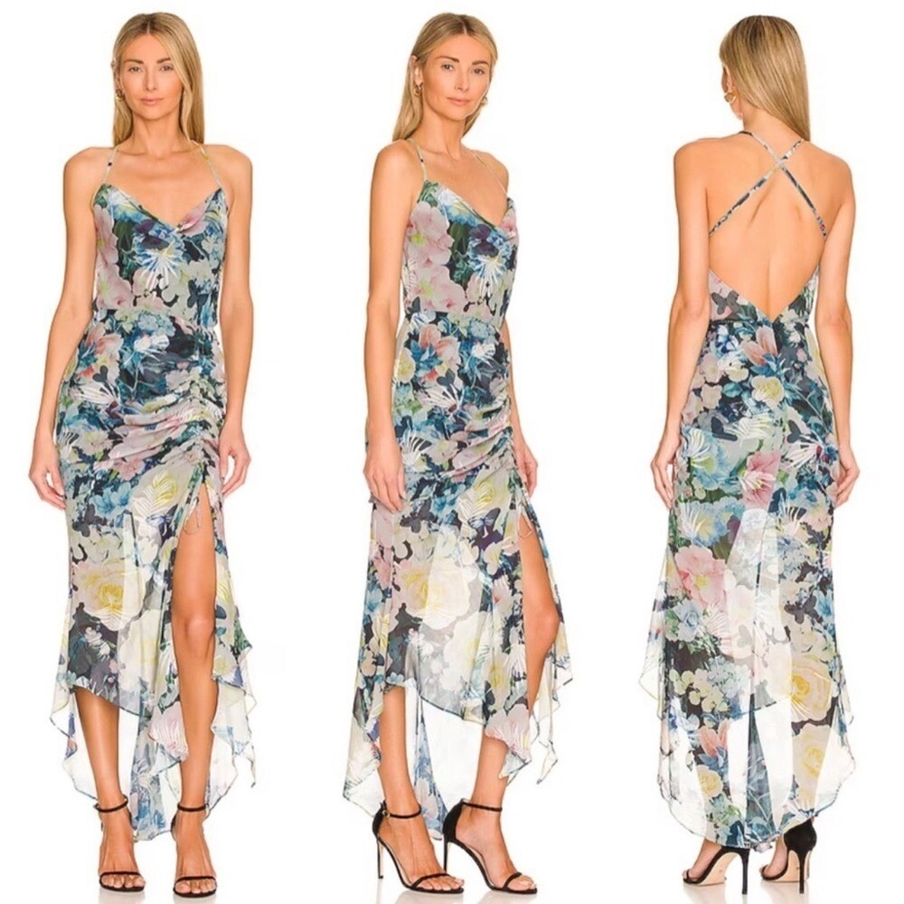 SAU LEE SAULEE Frieda Floral Midi Dress in Blue Multi Print Cowl Neckline Size 4